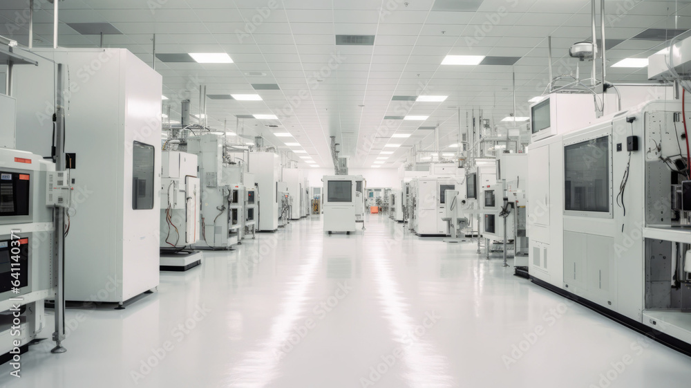 a clean, brightly lit semiconductor fab floor with lots of large white machines .generative ai a clean, brightly lit semiconductor fab floor with lots of large white machines .generative ai