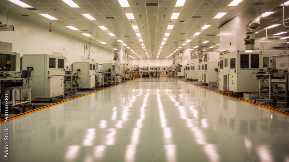 Fototapeta premium a clean, brightly lit semiconductor fab floor with lots of large white machines .generative ai