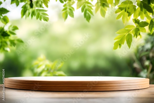 Round wooden podium on blurred leaf white background blank frame