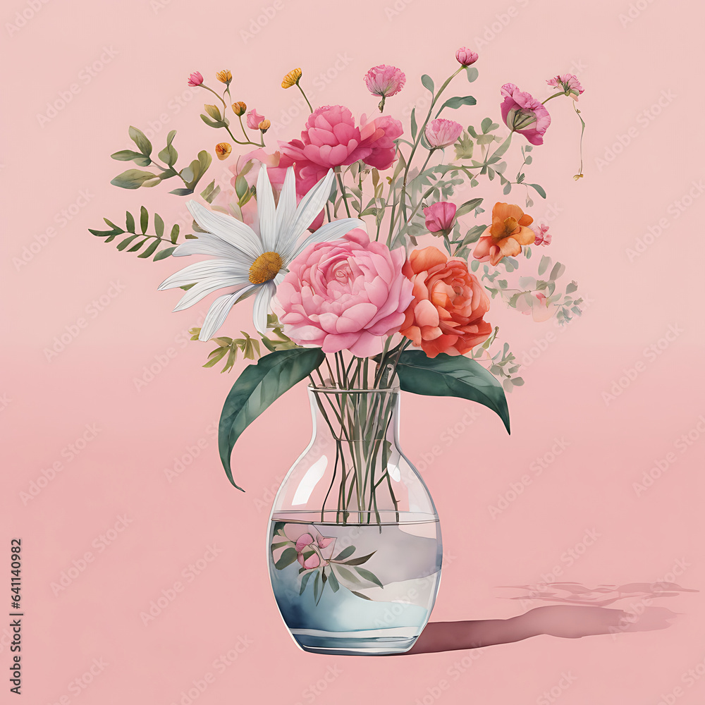 Cute Flowers in a Glass Vase on Pink Background Cute Flowers in a Glass Vase on Pink Background
