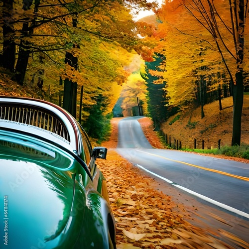 car on the road in autumn Created using generative AI tools