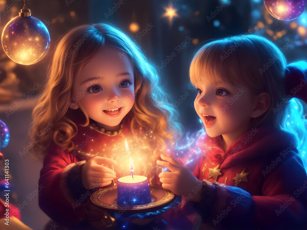 Two children having fun on christmas time, laughing, smiling, playing with lights and experiencing magic moment. New year greeting card, postcard, background. Two children having fun on christmas time, laughing, smiling, playing with lights and experiencing magic moment. New year greeting card, postcard, background.