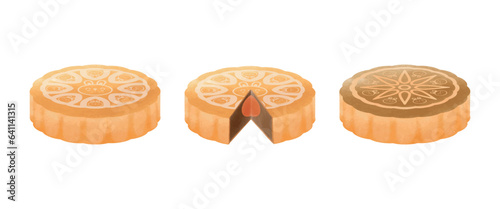 set of Moon cake Chinese mid autumn festival food watercolor on white blackground vector illustration