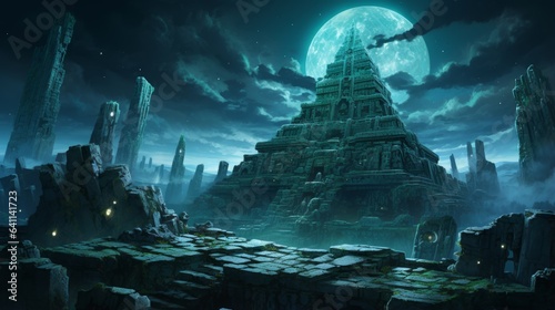 Ancient ruins covered in bioluminescent symbols, narrating cosmic tales | generative AI