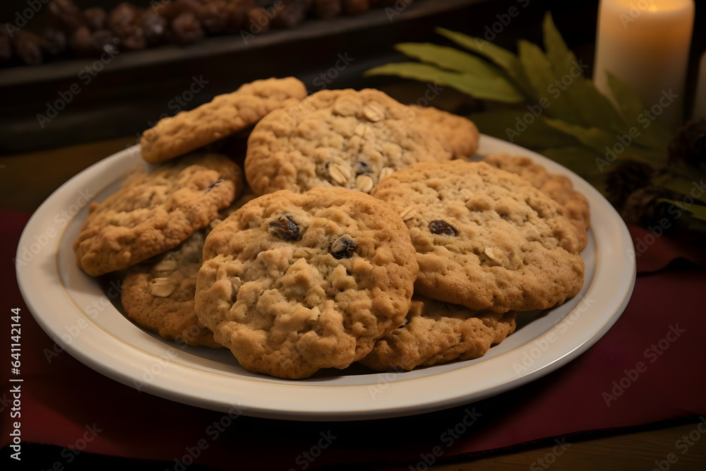 Oatmeal Cookie, hearty baked treat on a platter Oatmeal Cookie, hearty baked treat on a platter