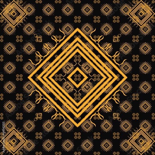 Draw yellow lines together into a rectangular and patterned form with a black background, design, fabric pattern, pattern for use as background, art.