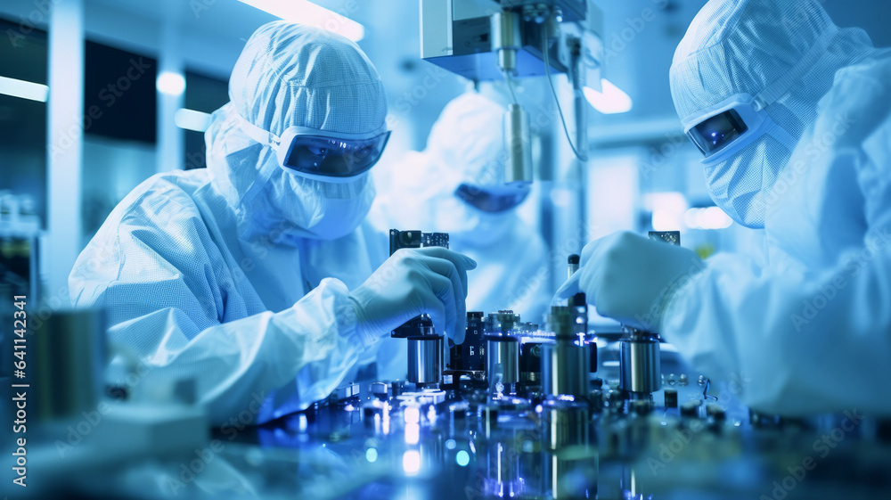 Engineers working on semiconductor manufacturing, in a cleanroom facility. Engineers working on semiconductor manufacturing, in a cleanroom facility.