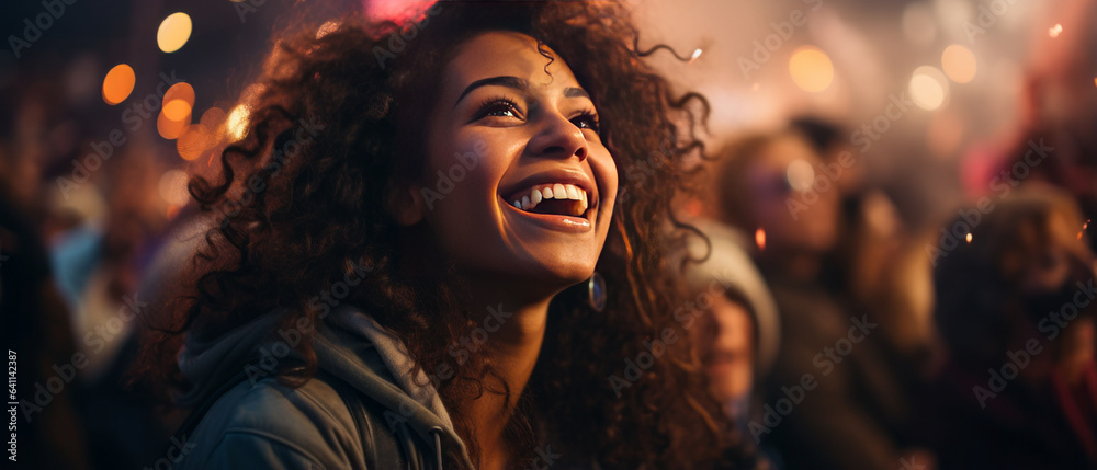 african american girl enjoying on music open air festival with dancing and cheering audience.