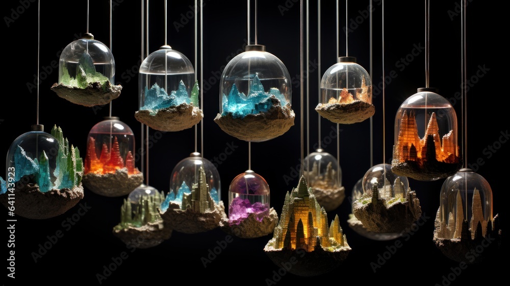 Crystal geodes with miniature cityscapes suspended within their iridescent depths | generative AI Crystal geodes with miniature cityscapes suspended within their iridescent depths | generative AI