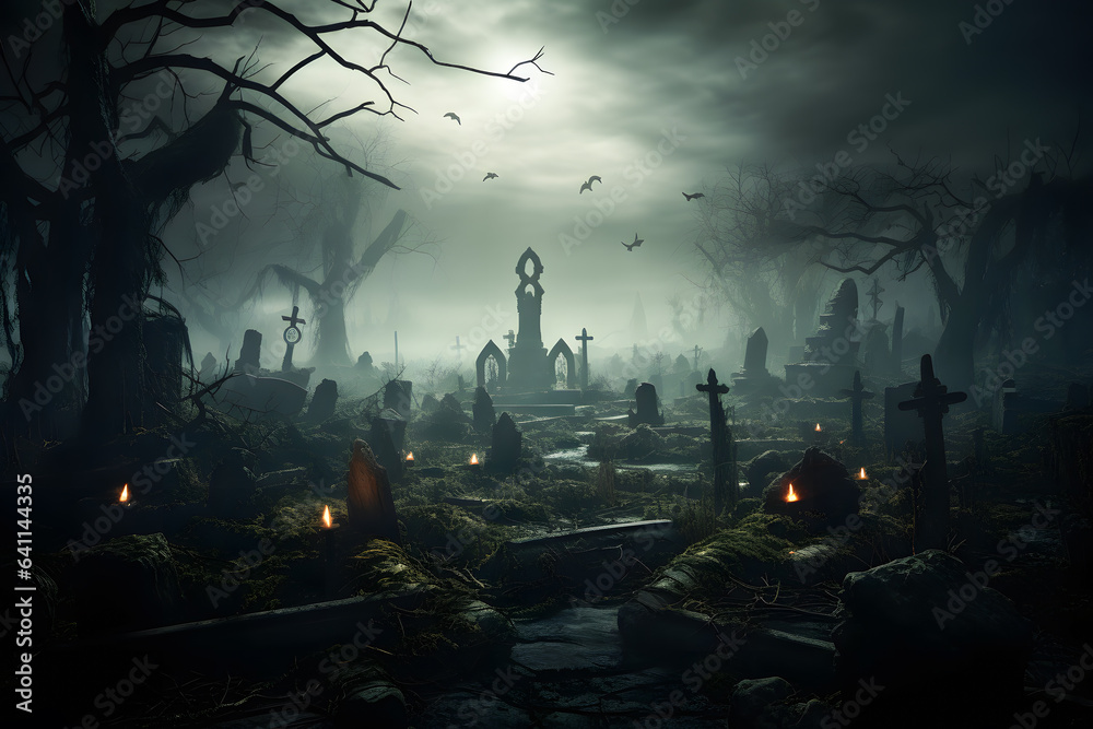Halloween night scene with graveyard deskstop ai generated art