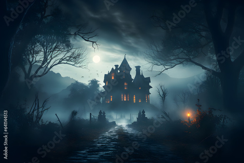 Dark mansion in scarry wood with black clouds in backdrop ai generated art. 