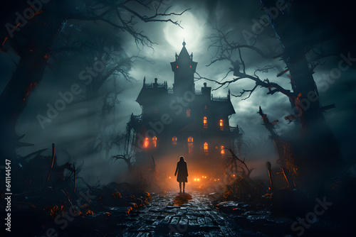 Scary woman figure stand infrot dark house in haunted forest with full moon ai generated art photo