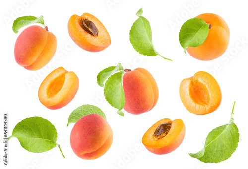 Juicy orange apricot with pink side and green leaves pattern isolated on white background, collection. Whole, half fruits fly, closeup, different sides. Summer fruits - design element for advertising.