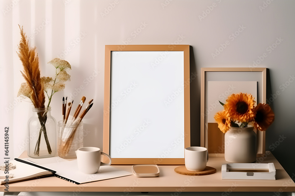Coffee cup with blank picture frame. Coffee day concept. Generative ai
