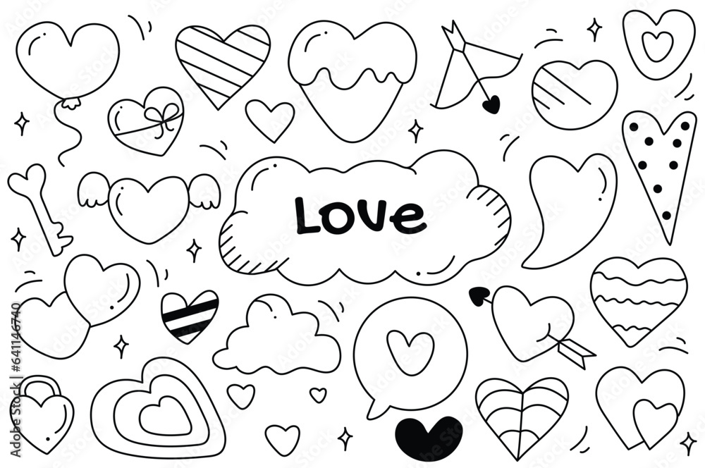 Fototapeta premium Line set Love in cartoon style. Beautiful black and white design set centered around a love theme, employing precise lines in the illustrations to convey romantic sentiments. Vector illustration.
