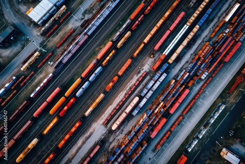 Large variety of cargo trains as seen from directly above. Global business of Container Cargo freight train. Rail transportation and maritime shipping.