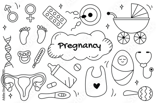 Line set Pregnancy in cartoon design. Black-and-white design set with pregnancy-themed illustrations, intricately crafted using fine lines to depict the journey of maternity. Vector illustration.