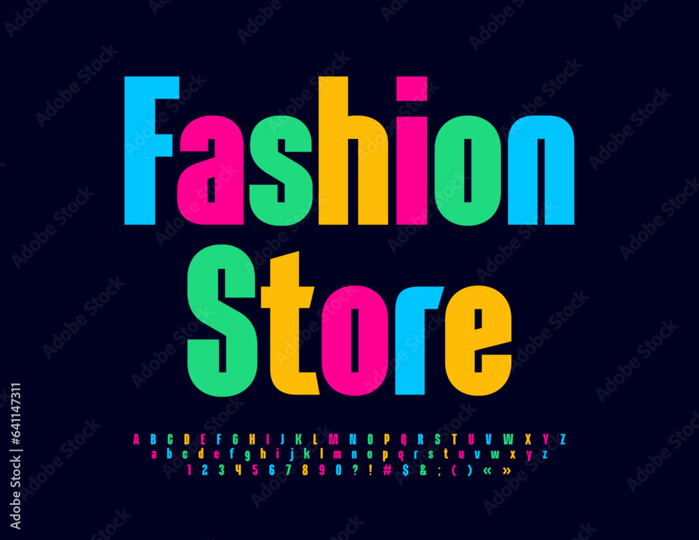 Vector advertising emblem Fashion Store. Elegant colorful Font. Bright Alphabet Letters, Numbers and Symbols