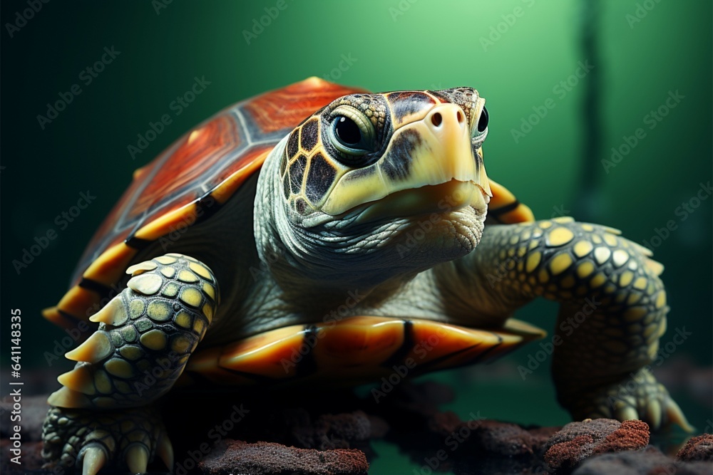 Naklejka premium A vivid high res image features a wise green turtle against red