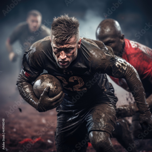 Rugby players fighting for the ball on a smoky background. created by generative AI technology.