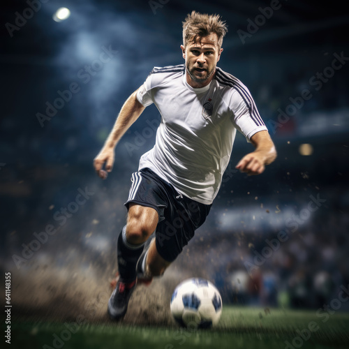 soccer player in action on the field of stadium under spotlights. created by generative AI technology.