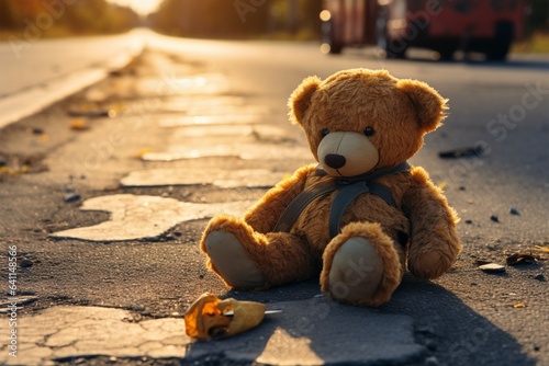 Abandoned teddy rests on street lost, a symbol of childhood