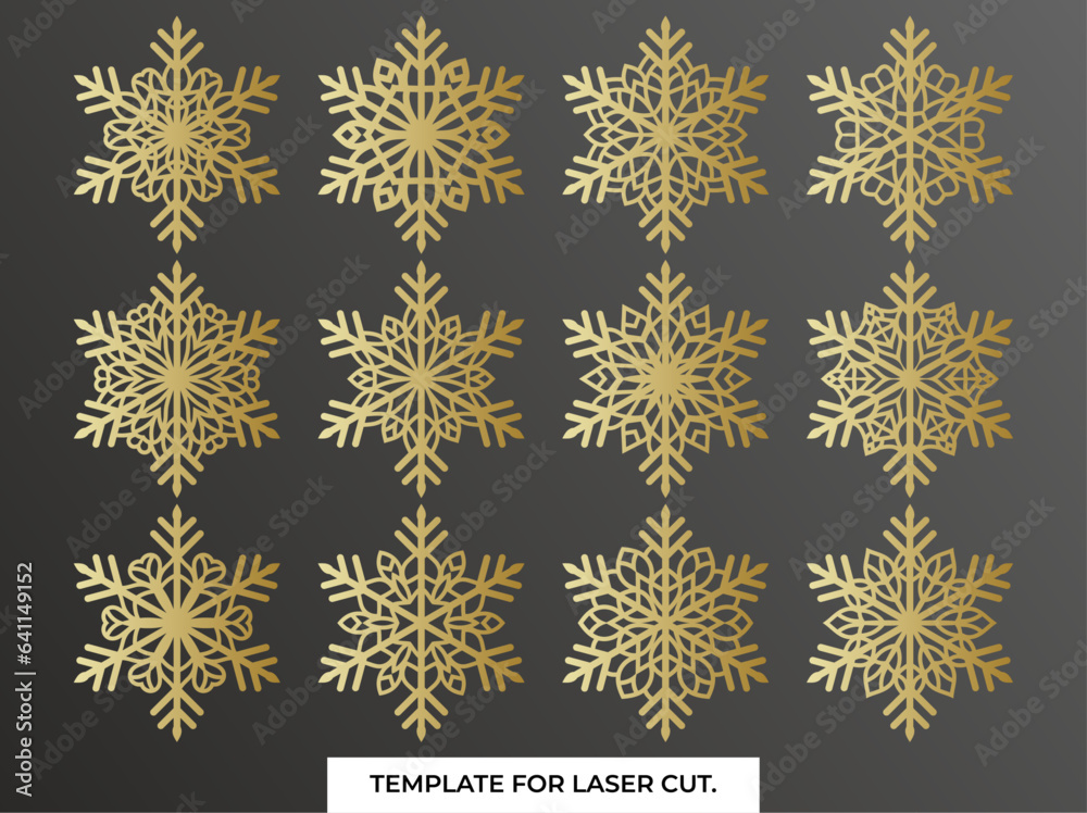Set of laser cutting openwork snowflakes. Vector silhouette of christmas decoration. Template for paper isolated on blue background. Stencil for scrapbooking, carved wood. Set of laser cutting openwork snowflakes. Vector silhouette of christmas decoration. Template for paper isolated on blue background. Stencil for scrapbooking, carved wood.