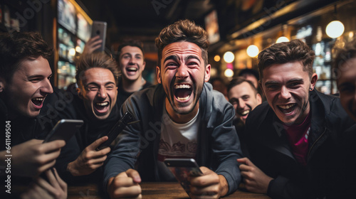 Group of young friends using mobile phone and laughing in a pub. created by generative AI technology.