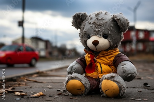 An old, well worn soft toy left abandoned on the street