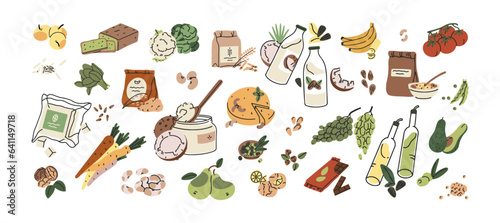Vegan food set. Vegetarian nutrition, veggie diet, healthy meal. Organic products for cooking: soya, coconut and olive milk and oil, vegetables, seed, grain. Flat isolated vector illustration on white