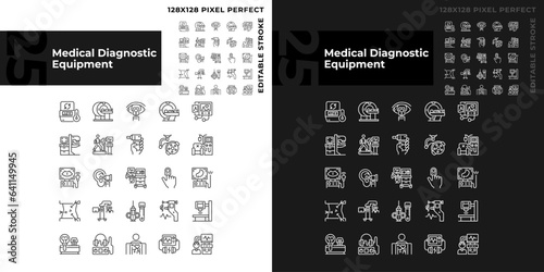 Medical diagnostic equipment pixel perfect linear icons set for dark, light mode. Advanced technology. Clinical testing. Thin line symbols for night, day theme. Isolated illustrations. Editable stroke