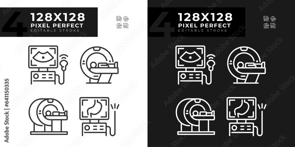 Medical imaging technology pixel perfect linear icons set for dark, light mode. Hospital equipment. Clinical diagnostic. Thin line symbols for night, day theme. Isolated illustrations. Editable stroke