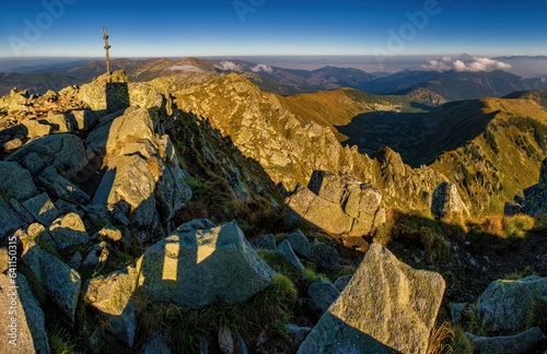 Fototapeta Naklejka Na Ścianę i Meble -  Amazing colors during sunset in Low Tatras, Dumbier and Chopok peak, panoramic ultra wide view. Sport, hiking, cycling, healthy lifestyle