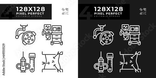 Surgical equipment pixel perfect linear icons set for dark, light mode. Operating room. Medical occupation. Thin line symbols for night, day theme. Isolated illustrations. Editable stroke