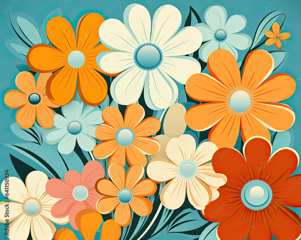 Colorful 70s Retro Style poster art with flowers, and retro colors such as orange, pale blue, yellow and greens. Background texture or wall art.