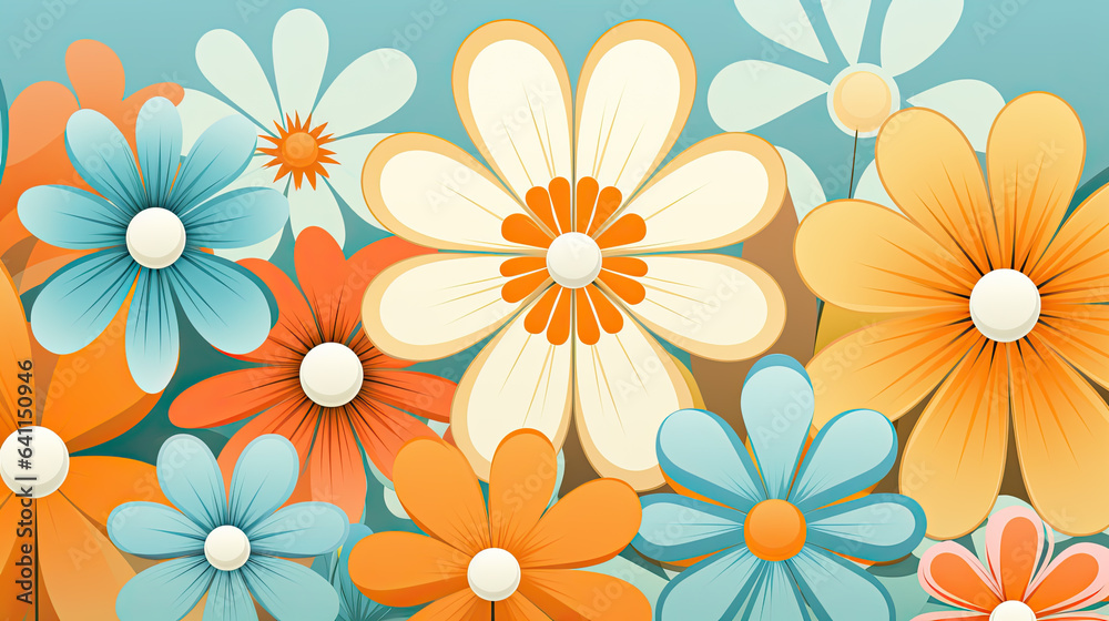 Colorful 70s Retro Style poster art with flowers, and retro colors such as orange, pale blue, yellow and greens. Background texture or wall art.