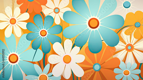 Colorful 70s Retro Style poster art with flowers, and retro colors such as orange, pale blue, yellow and greens. Background texture or wall art.