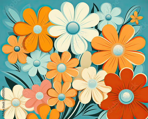 Colorful 70s Retro Style poster art with flowers  and retro colors such as orange  pale blue  yellow and greens. Background texture or wall art.