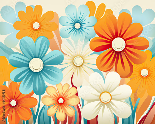 Colorful 70s Retro Style poster art with flowers  and retro colors such as orange  pale blue  yellow and greens. Background texture or wall art.