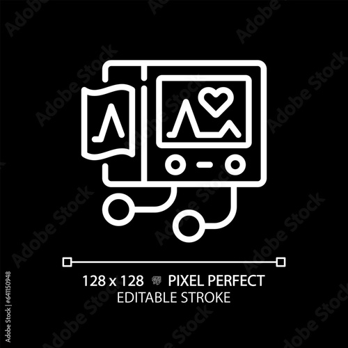 Ecg machine pixel perfect white linear icon for dark theme. Cardiac monitoring. Heart rate. Health check up. Diagnostic testing. Thin line illustration. Isolated symbol for night mode. Editable stroke