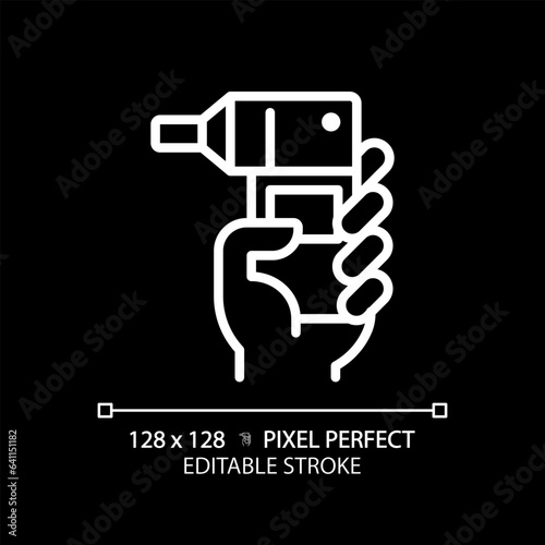 Spirometer pixel perfect white linear icon for dark theme. Breathing exercise. Respiratory disease. Lung function. Thin line illustration. Isolated symbol for night mode. Editable stroke