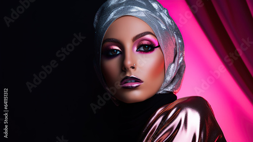 portrait of young  woman wearing hijab, fashion design backdrop  © iwaart