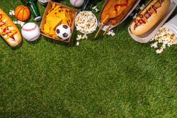 Traditional sport stadium foods and beer background
