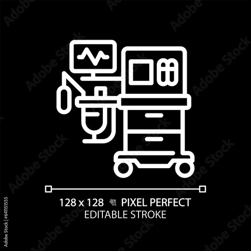 Anesthesia machine pixel perfect white linear icon for dark theme. Surgical equipment. Medical ventilator. Operating room. Thin line illustration. Isolated symbol for night mode. Editable stroke