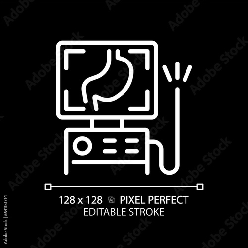 Endoscope pixel perfect white linear icon for dark theme. Medical tool. Health diagnosis. Gastrointestinal system. Thin line illustration. Isolated symbol for night mode. Editable stroke