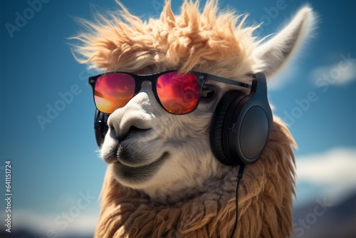 Cool llama with glasses vibes to music, showcasing intellect and style © Muhammad Ishaq