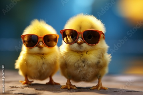 Cute farm addition, baby bird flaunts tiny sunglasses, charming everyone