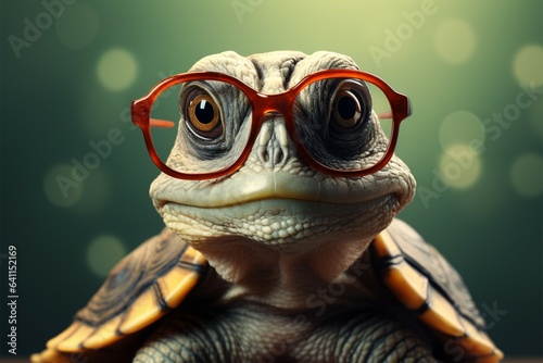Cute turtle dons glasses, red wallpaper backdrop a smart, funny genius