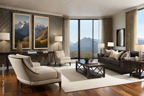modern living room with fireplace, small room , beautiful mountains scenery- Generative AI © sajid