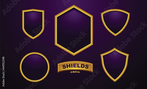 Collection of royal purple and gold shields in 3D. shows protection, security and strong defense. Golden metallic frames shows elegance and can be used in promotional banners and poster designs